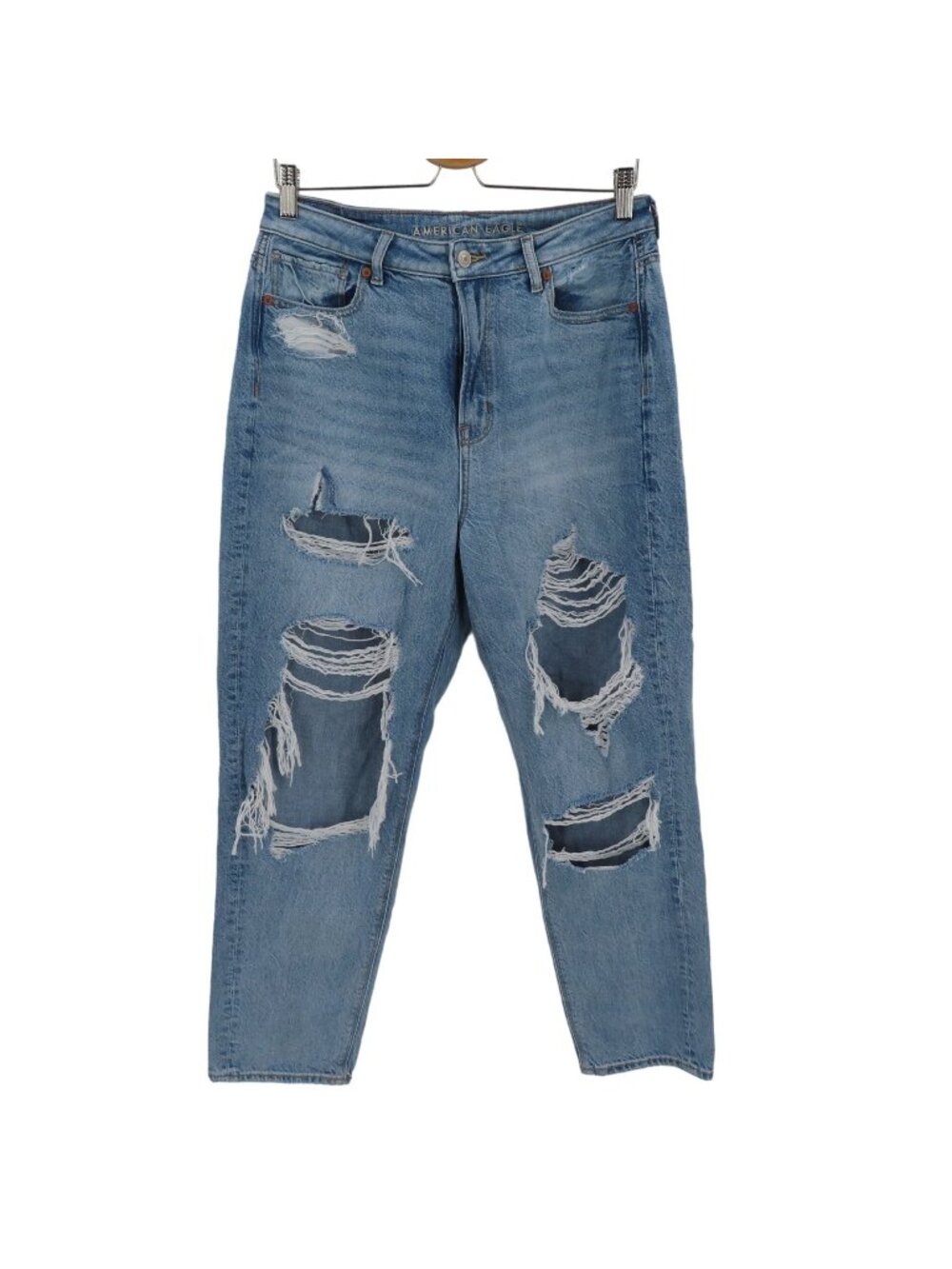 American Eagle Women 10 Highest Rise Mom Blue Distressed Ripped Denim Jeans
